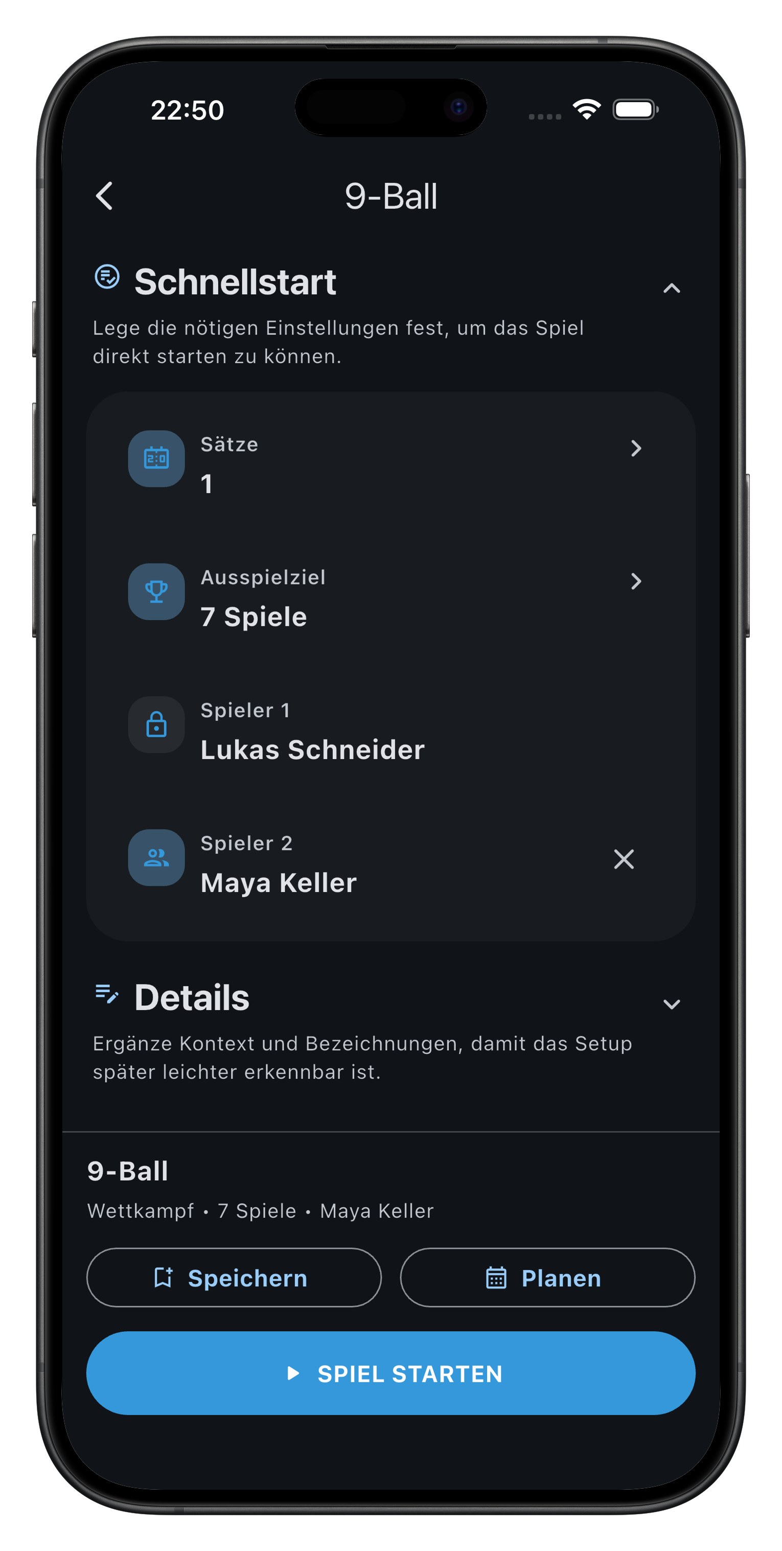 BilliardManager Session-Übersicht auf dem Tablet