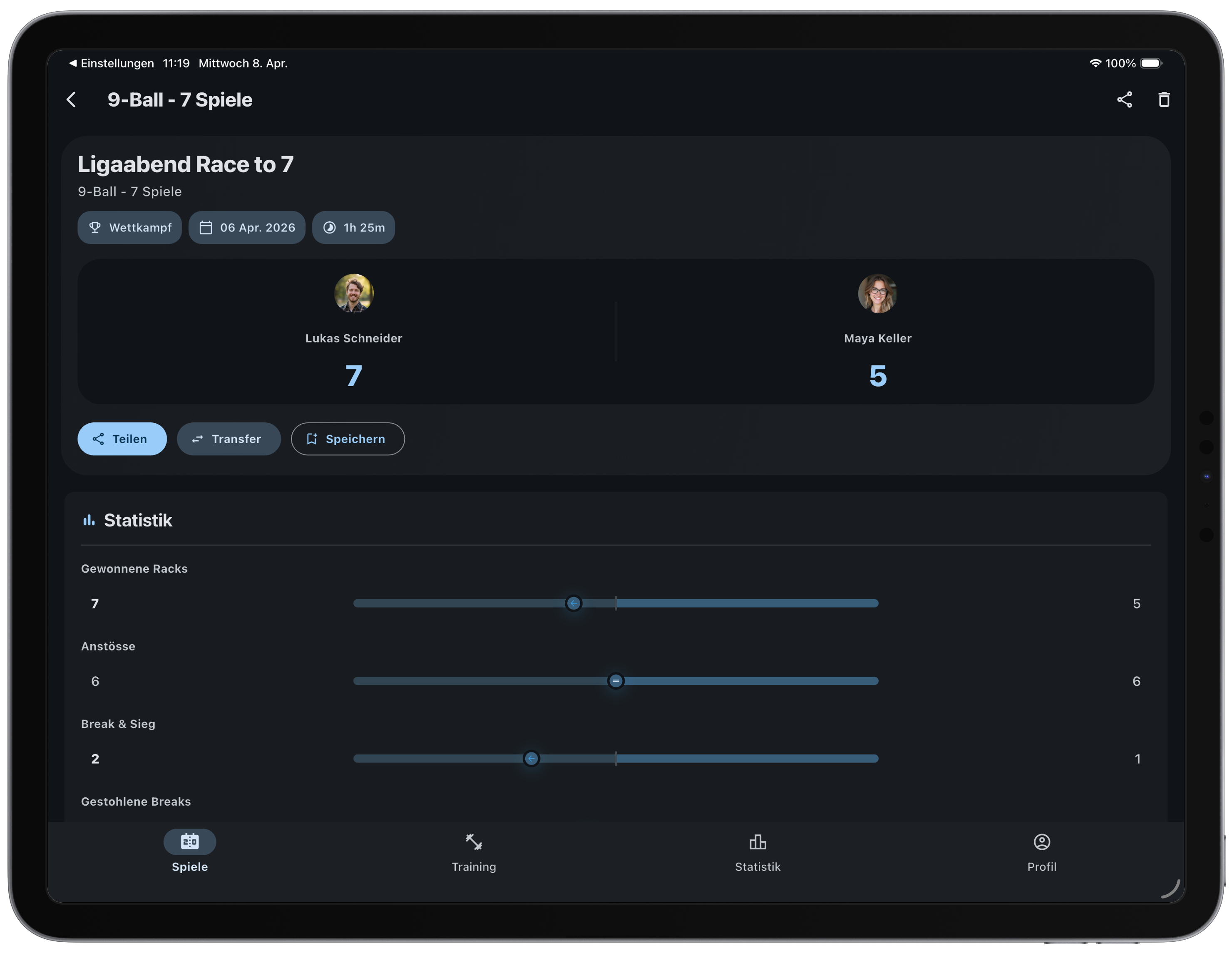 BilliardManager Scoreboard-Ansicht auf dem Tablet