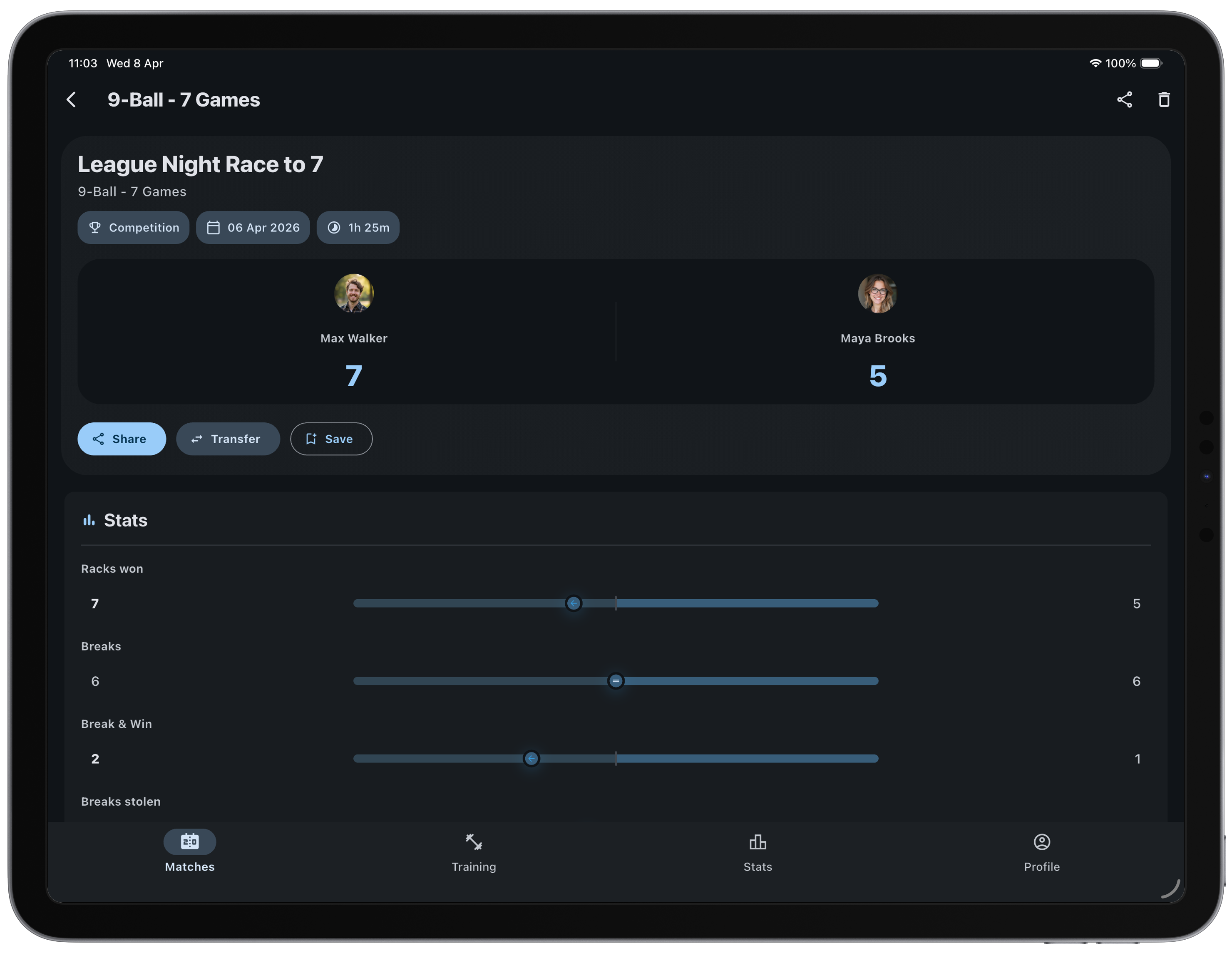 BilliardManager scoreboard view on tablet