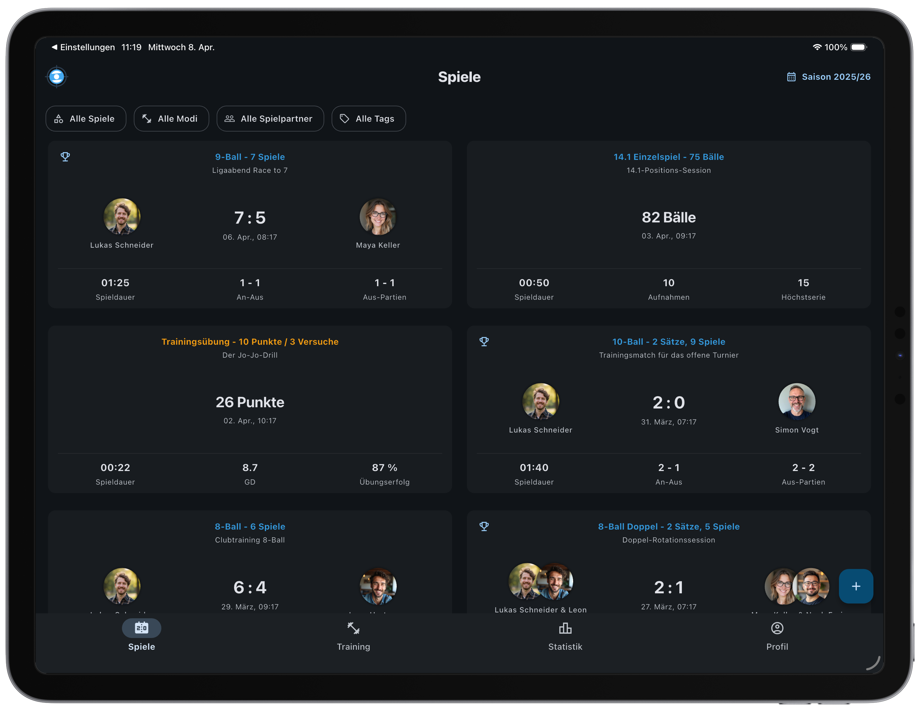 BilliardManager Saisonfortschritt und Club-Statistiken
