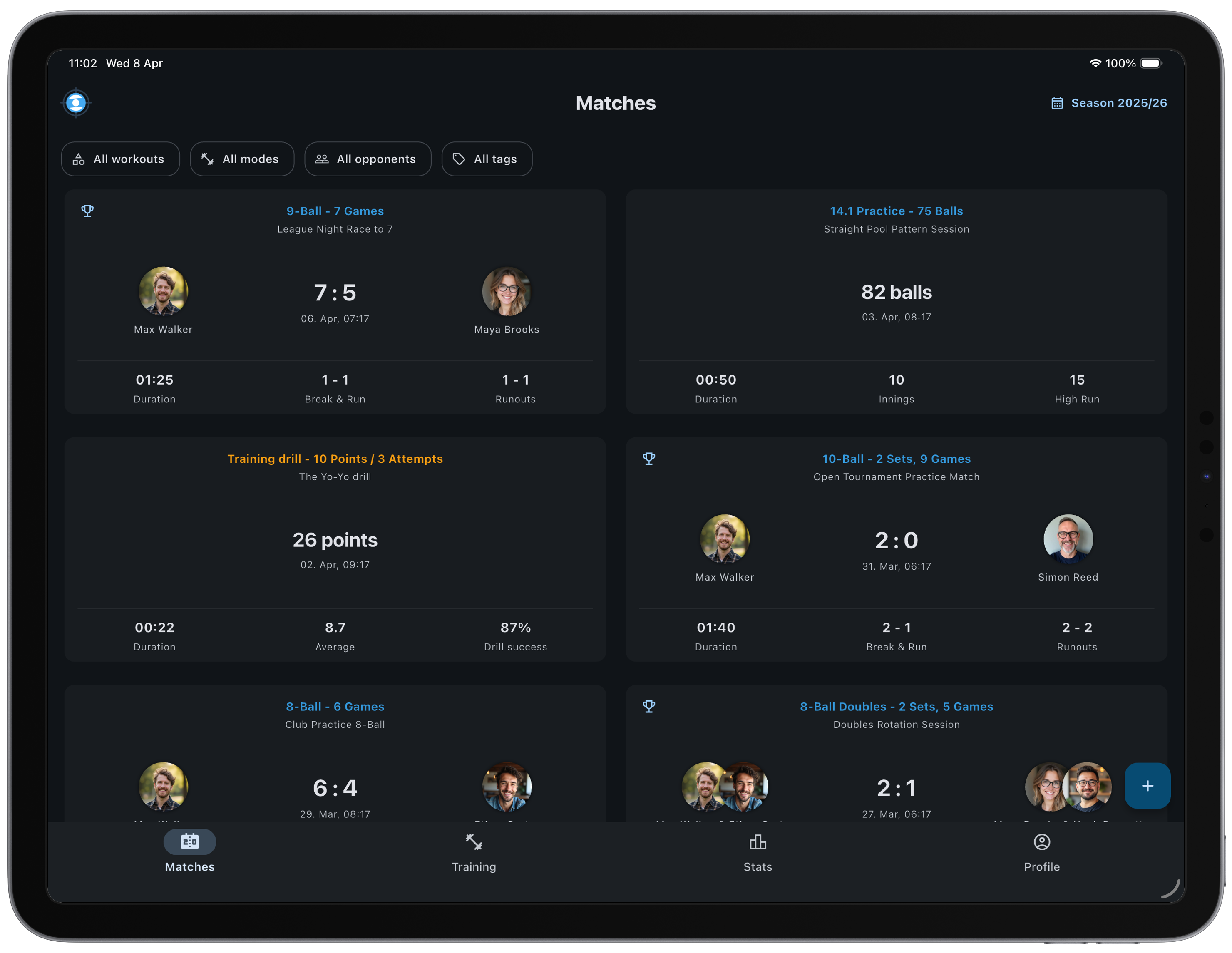 BilliardManager season progress and club-facing stats